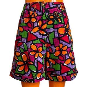 90s Vintage Highwaisted Flower Art Shorts Abstract Cartoon Graphic Pattern.